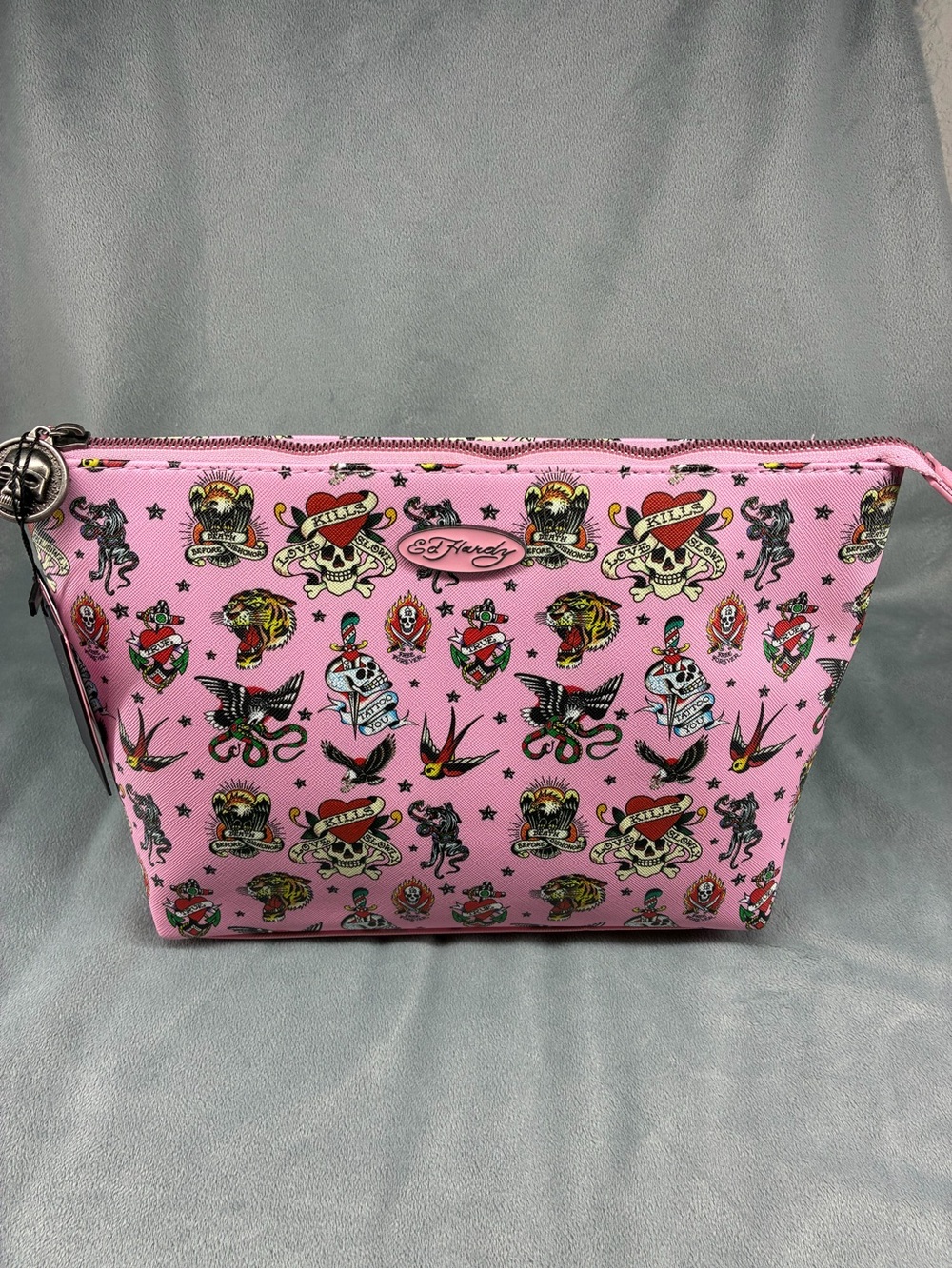 Ed Hardy Pink Tattoo-Print Zip Cosmetic Pouch